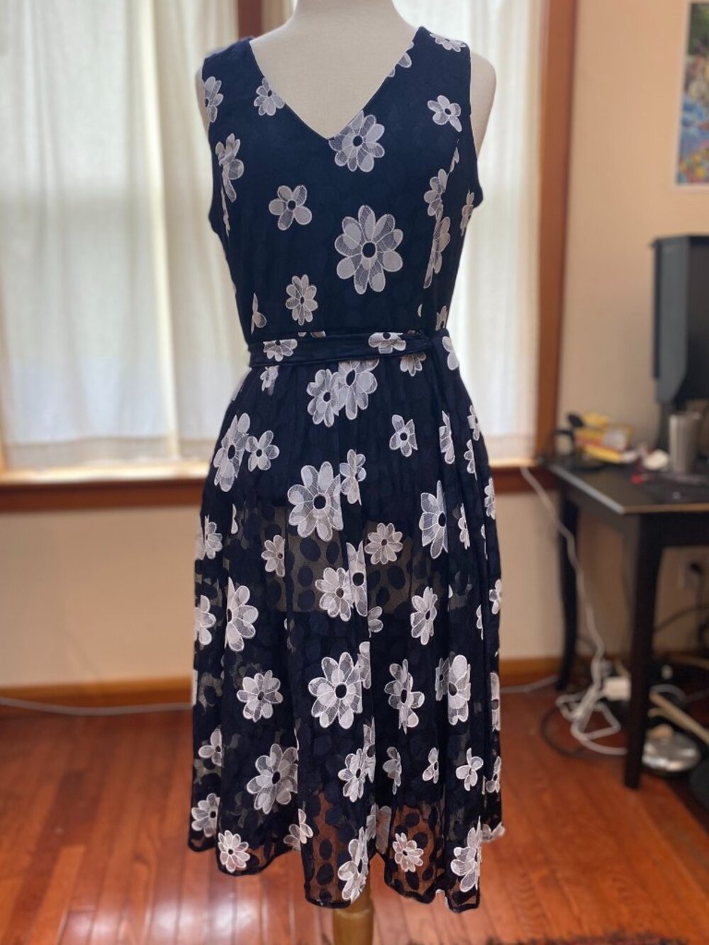 Tommy Hilfiger navy and white mesh floral fit and flare dress, size L